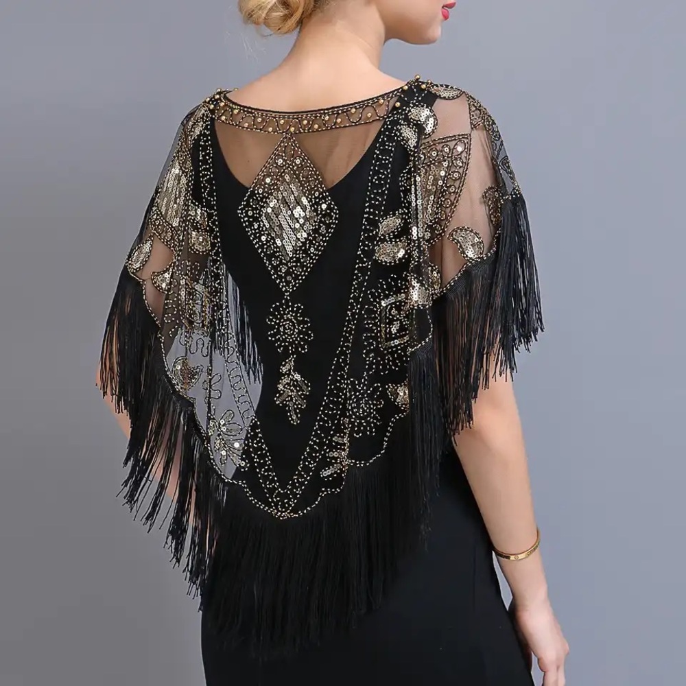 Vintage-Inspired Black & Gold Beaded Sequin Fringe Tassel Shawl – One Size